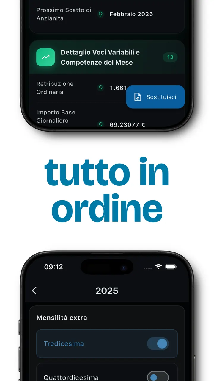 Schermata dettaglio busta paga Slip — voci variabili, retribuzione, scatti anzianità