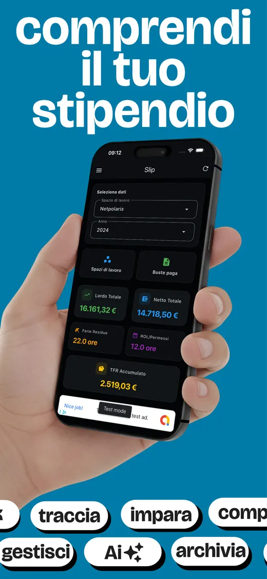 Slip — dashboard busta paga con netto, ferie, ROL e TFR